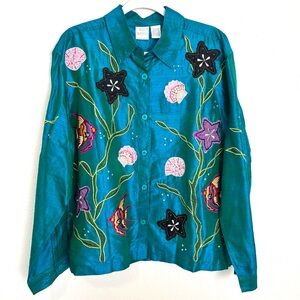NWT Bleu Bayou Teal Embroidered Silk Long Sleeve Blouse Women’s XL Whimsy